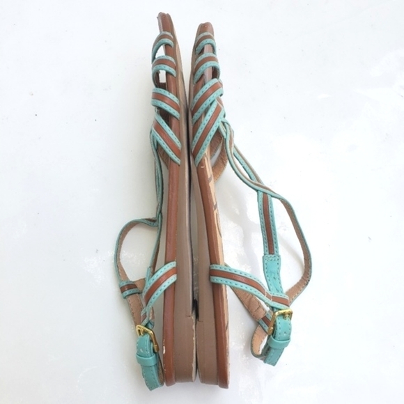 Kelsi Dagger Strappy Sandals w/Backstrap Leather Tan Aqua Boho Flats - Picture 7 of 8